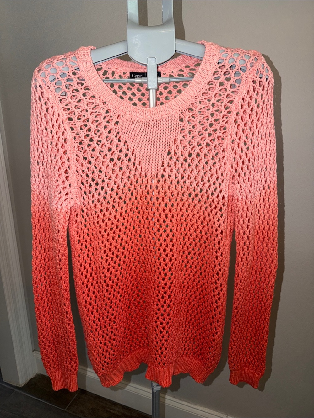 Gypsy 05 Pink to Coral Ombre Open-Weave Crew Sweater